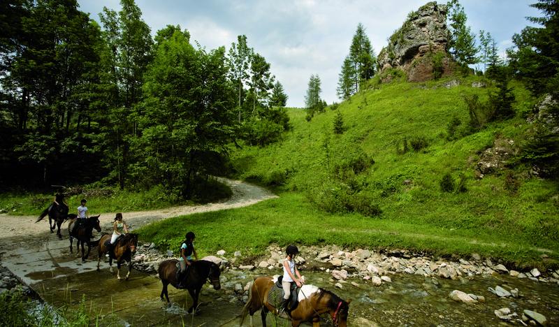 Grupa osób na koniach przekraczająca rzekę, w tle skały i drzewa.